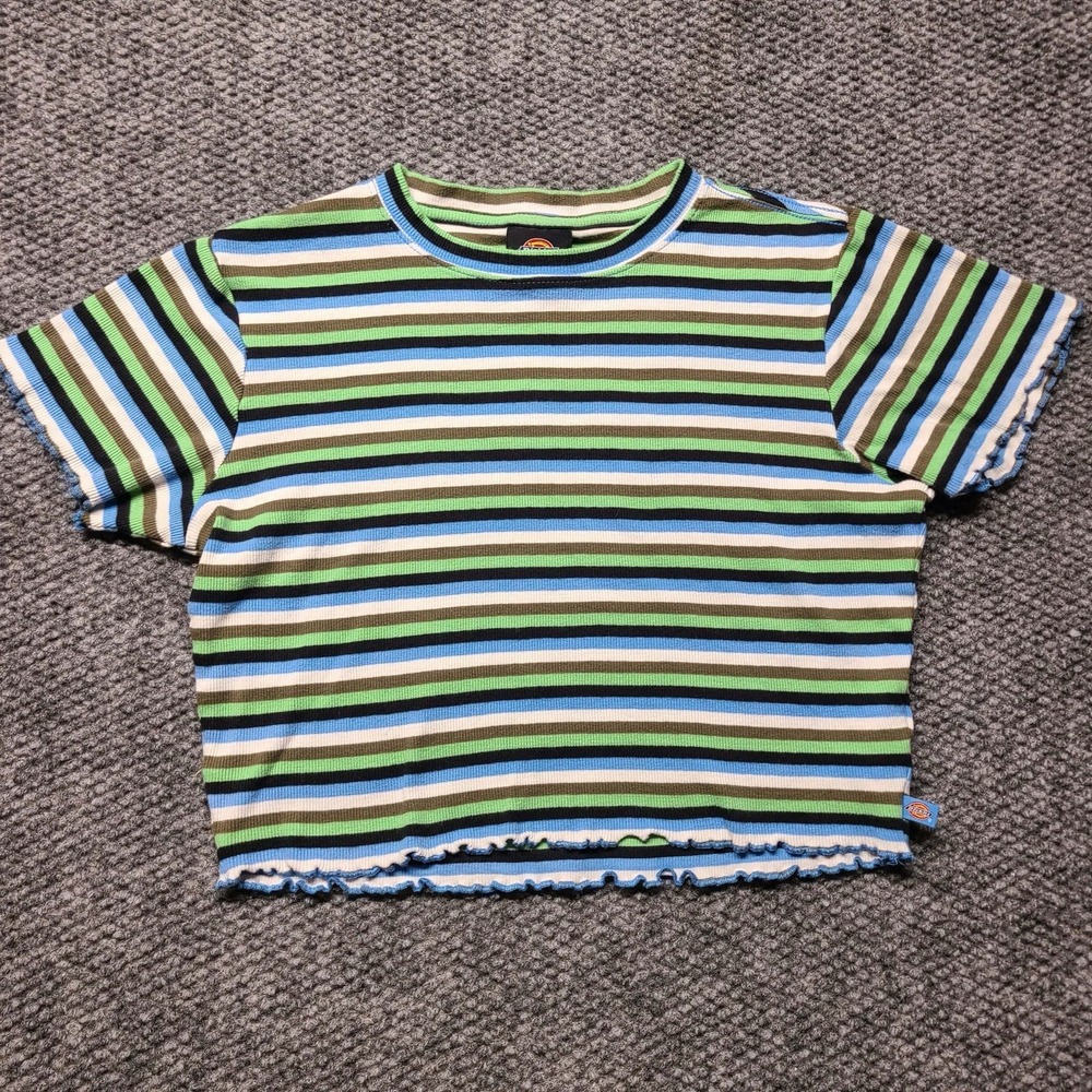 Dickies Womans Striped Blue Green Ruffled Short Sleeves Baby T Shirt Medium Y2K